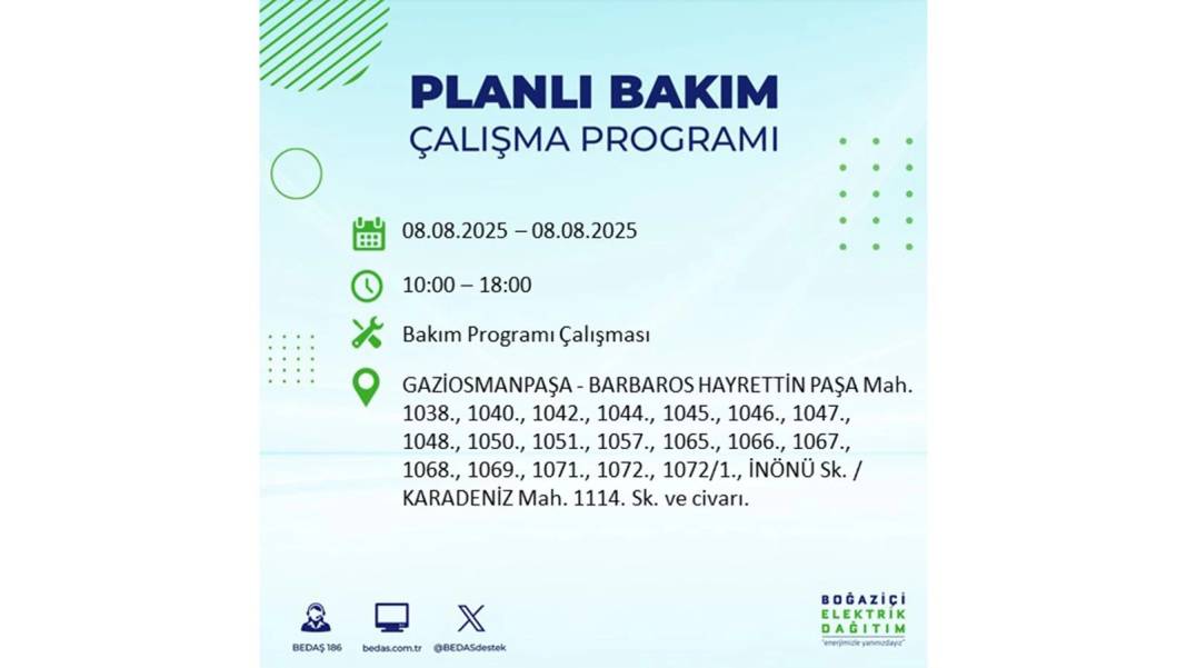 O İLÇELERDE ELEKTRİK OLMAYACAK: BEDAŞ 8 Ağustos Cuma elektrik kesintisi yaşayacak ilçeleri sıraladı! 29