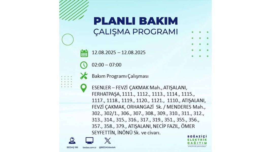 BÜYÜK ELEKTRİK KESİNTİSİ YAŞANACAK: BEDAŞ 12 Ağustos Salı günü elektrik kesintisi yaşayacak ilçeleri sıraladı! 22
