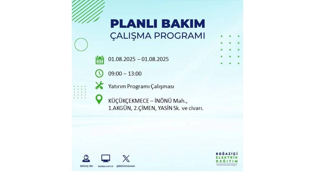 BÜYÜK ELEKTRİK KESİNTİSİ YAŞANACAK: BEDAŞ 1 Ağustos Cuma elektrik kesintisi yaşayacak ilçeleri sıraladı! 25