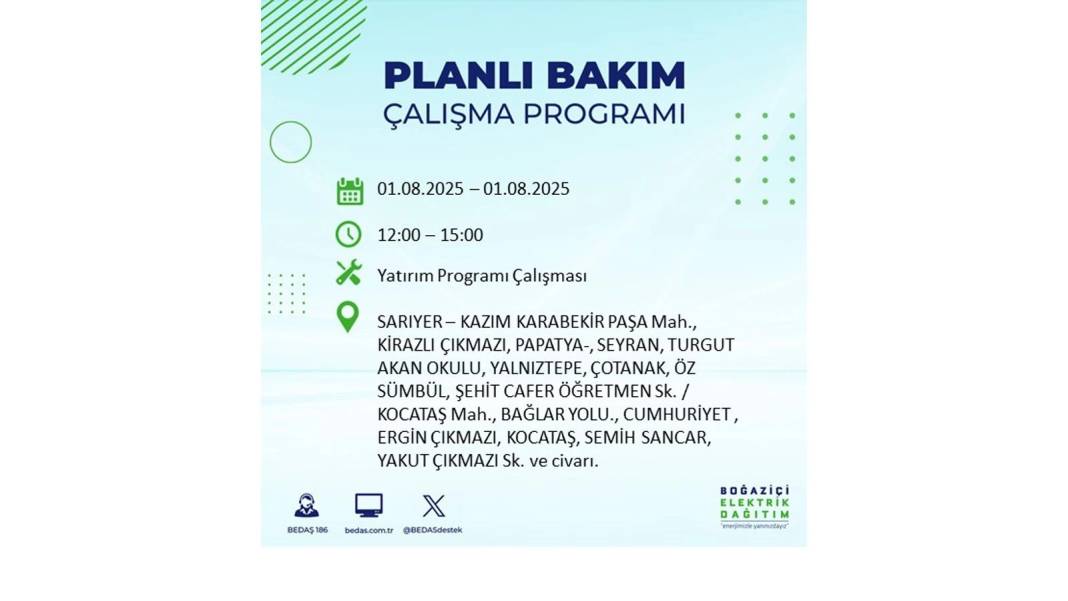 BÜYÜK ELEKTRİK KESİNTİSİ YAŞANACAK: BEDAŞ 1 Ağustos Cuma elektrik kesintisi yaşayacak ilçeleri sıraladı! 19
