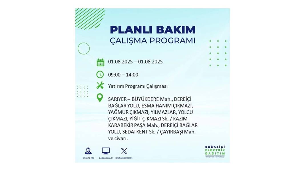 BÜYÜK ELEKTRİK KESİNTİSİ YAŞANACAK: BEDAŞ 1 Ağustos Cuma elektrik kesintisi yaşayacak ilçeleri sıraladı! 18