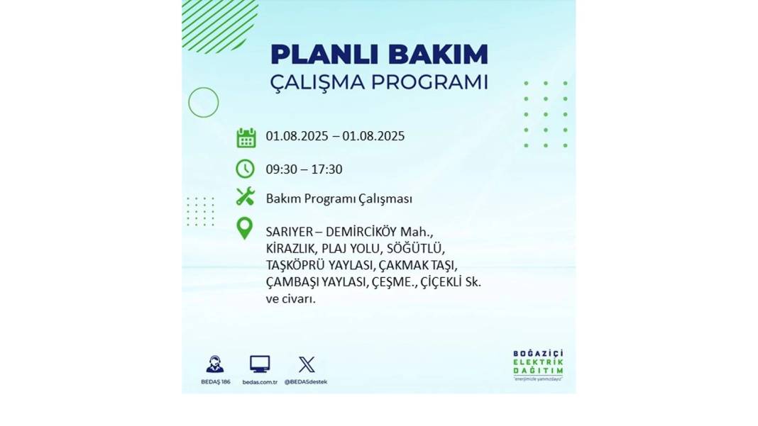 BÜYÜK ELEKTRİK KESİNTİSİ YAŞANACAK: BEDAŞ 1 Ağustos Cuma elektrik kesintisi yaşayacak ilçeleri sıraladı! 11