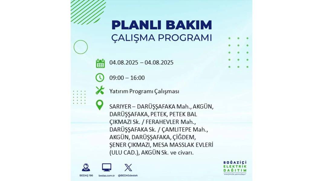 BÜYÜK ELEKTRİK KESİNTİSİ YAŞANACAK: BEDAŞ 4 Ağustos Pazartesi elektrik kesintisi yaşayacak ilçeleri sıraladı! 17
