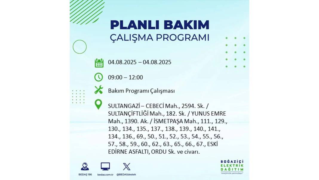 BÜYÜK ELEKTRİK KESİNTİSİ YAŞANACAK: BEDAŞ 4 Ağustos Pazartesi elektrik kesintisi yaşayacak ilçeleri sıraladı! 11