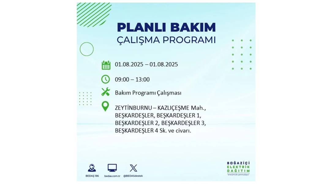 BÜYÜK ELEKTRİK KESİNTİSİ YAŞANACAK: BEDAŞ 1 Ağustos Cuma elektrik kesintisi yaşayacak ilçeleri sıraladı! 2