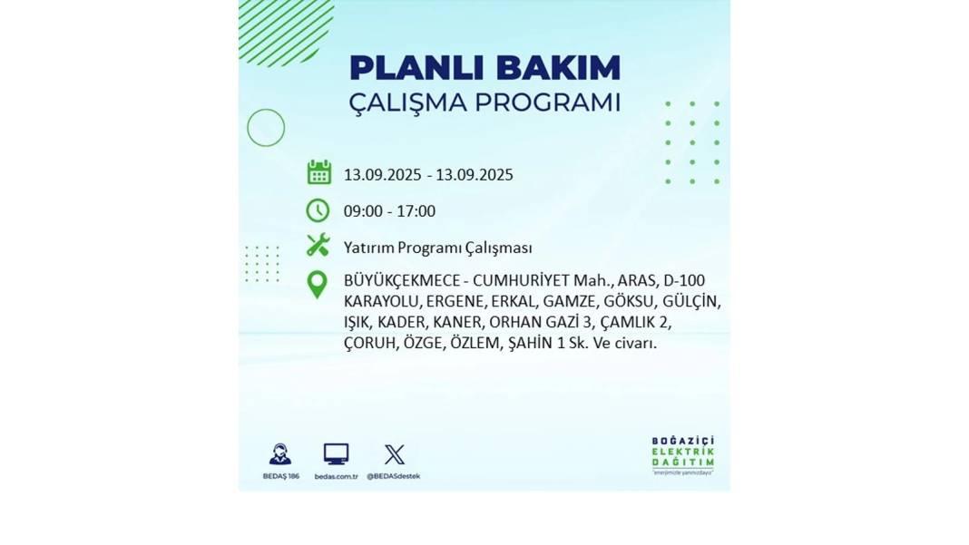 O ilçelerde elektrikler olmayacak: BEDAŞ 13 Eylül Cumartesi günü elektrik kesintisi yaşayacak ilçeleri sıraladı! 8