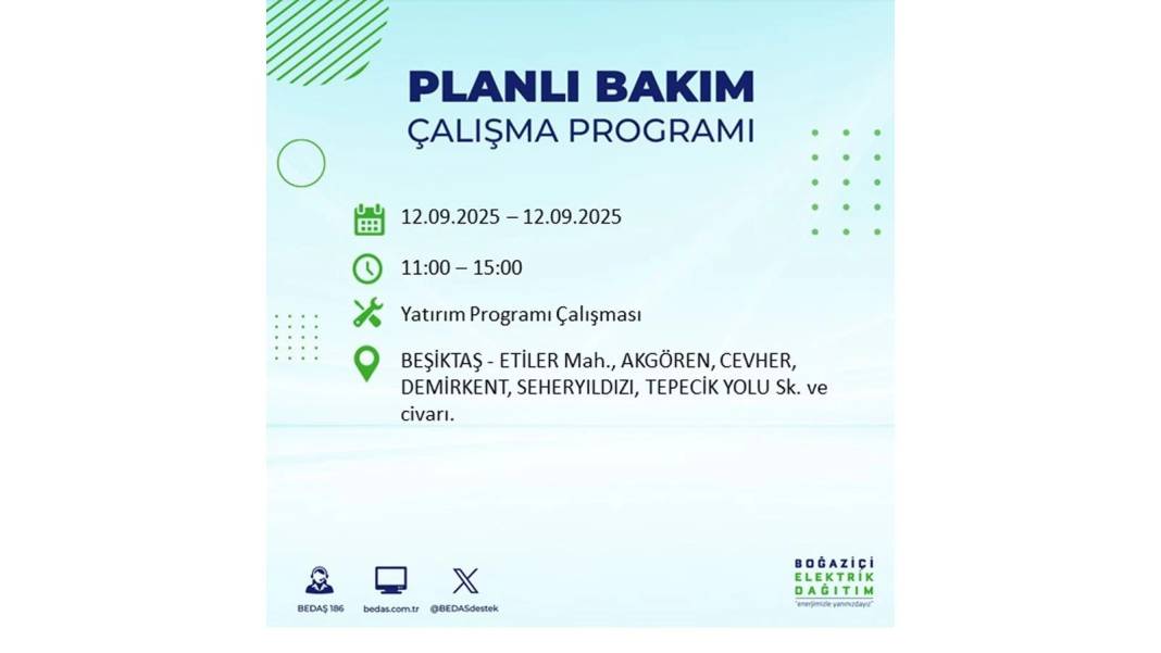 O ilçelerde saatlerce elektrik olmayacak: BEDAŞ 12 Eylül Cuma günü elektrik kesintisi yaşayacak ilçeleri sıraladı! 14