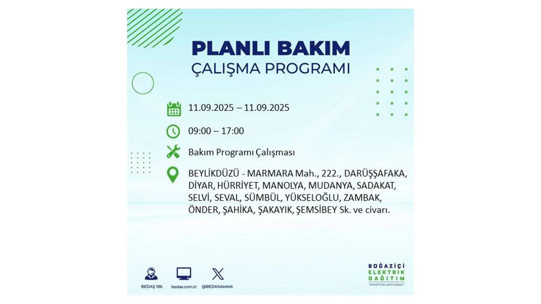 Elektrikler saatlerce olmayacak: BEDAŞ 11 Eylül Perşembe günü elektrik kesintisi yaşayacak ilçeleri sıraladı 36