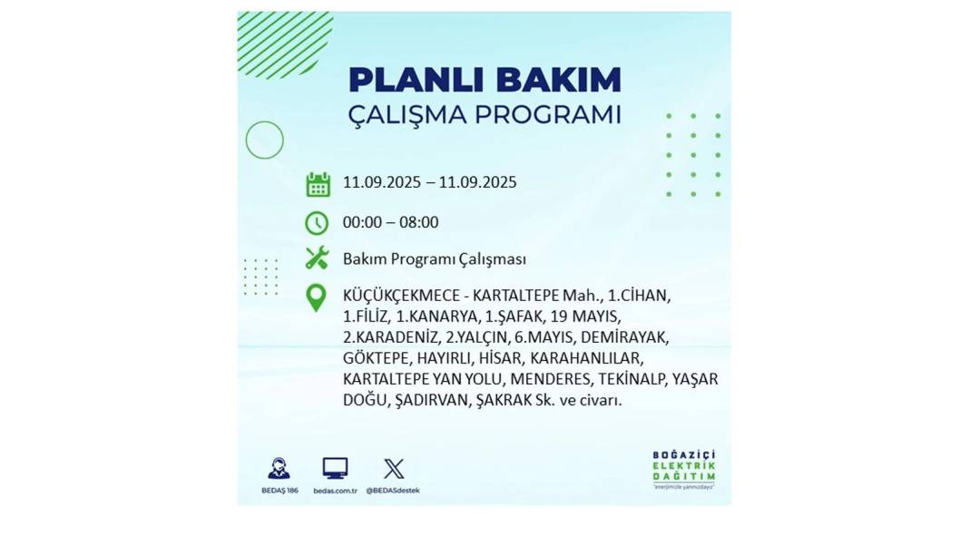 Elektrikler saatlerce olmayacak: BEDAŞ 11 Eylül Perşembe günü elektrik kesintisi yaşayacak ilçeleri sıraladı 15