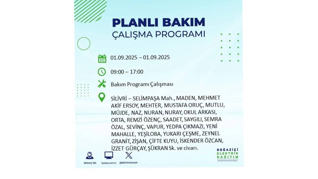 O ilçelerde saatlerce elektrik olmayacak: BEDAŞ 1 Eylül Pazartesi elektrik kesintisi yaşayacak ilçeleri sıraladı 15