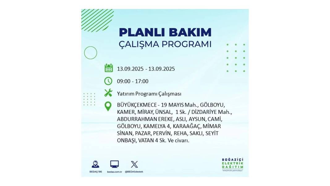 O ilçelerde elektrikler olmayacak: BEDAŞ 13 Eylül Cumartesi günü elektrik kesintisi yaşayacak ilçeleri sıraladı! 11