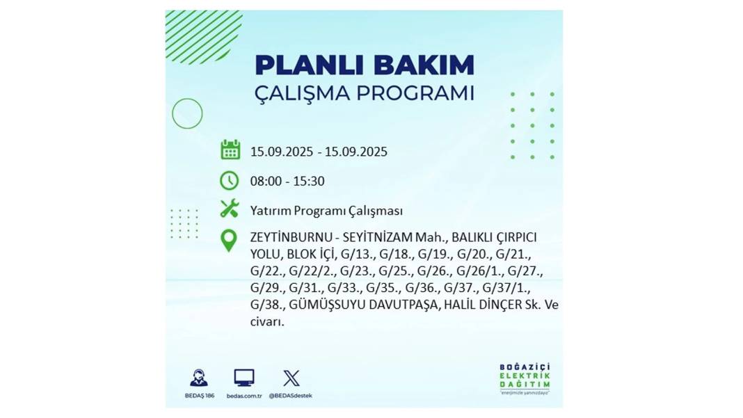 Büyük elektrik kesintisi yaşanacak: BEDAŞ 15 Eylül Pazartesi günü elektrik kesintisi yaşayacak ilçeleri sıraladı! 9