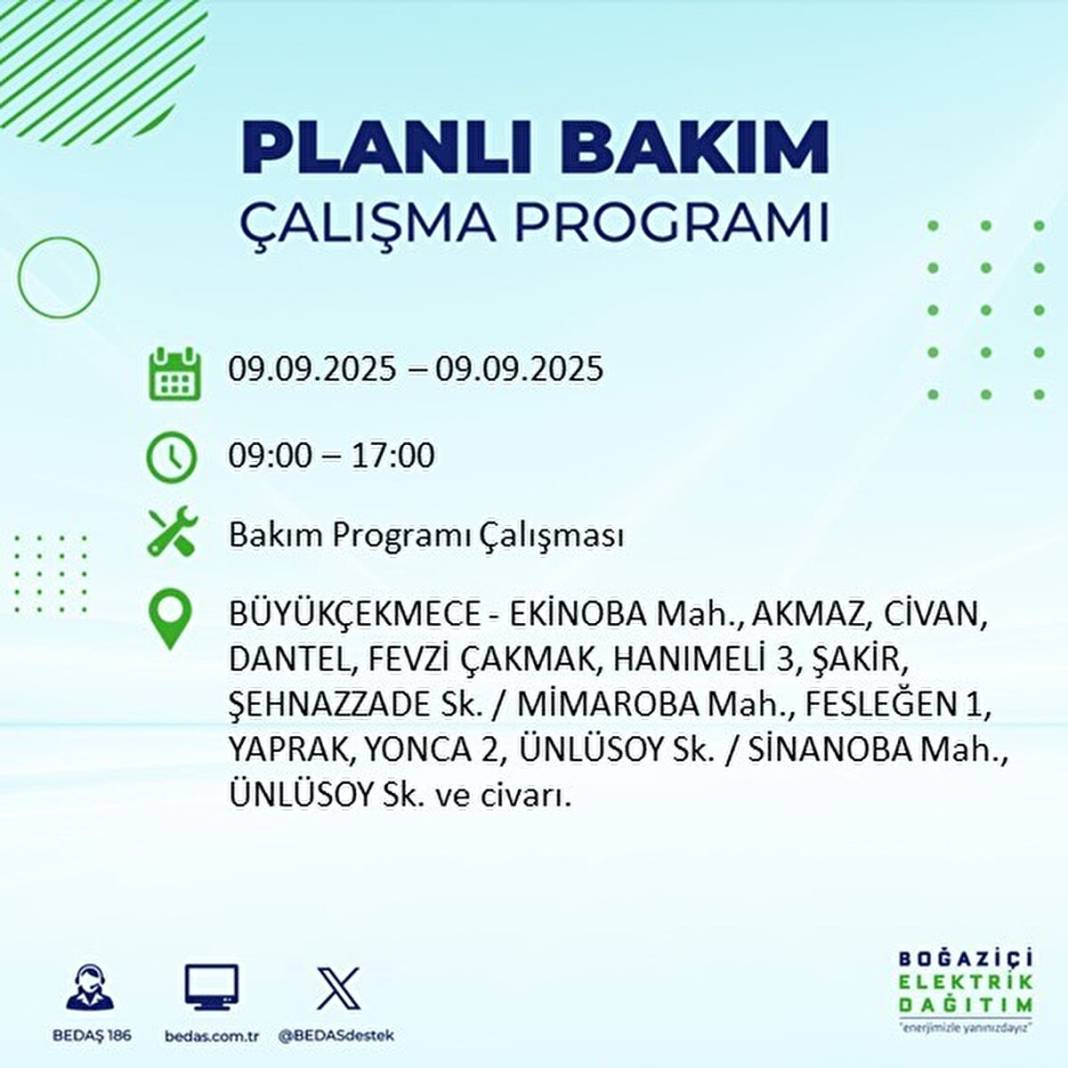 O ilçelerde elektrik olmayacak: BEDAŞ 9 Eylül Salı günü elektrik kesintisi yaşayacak ilçeleri sıraladı! 20