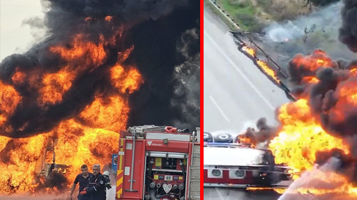 Mazot ve benzin yüklü tanker otoyolda devrilip alev aldı: Yol trafiğe kapandı