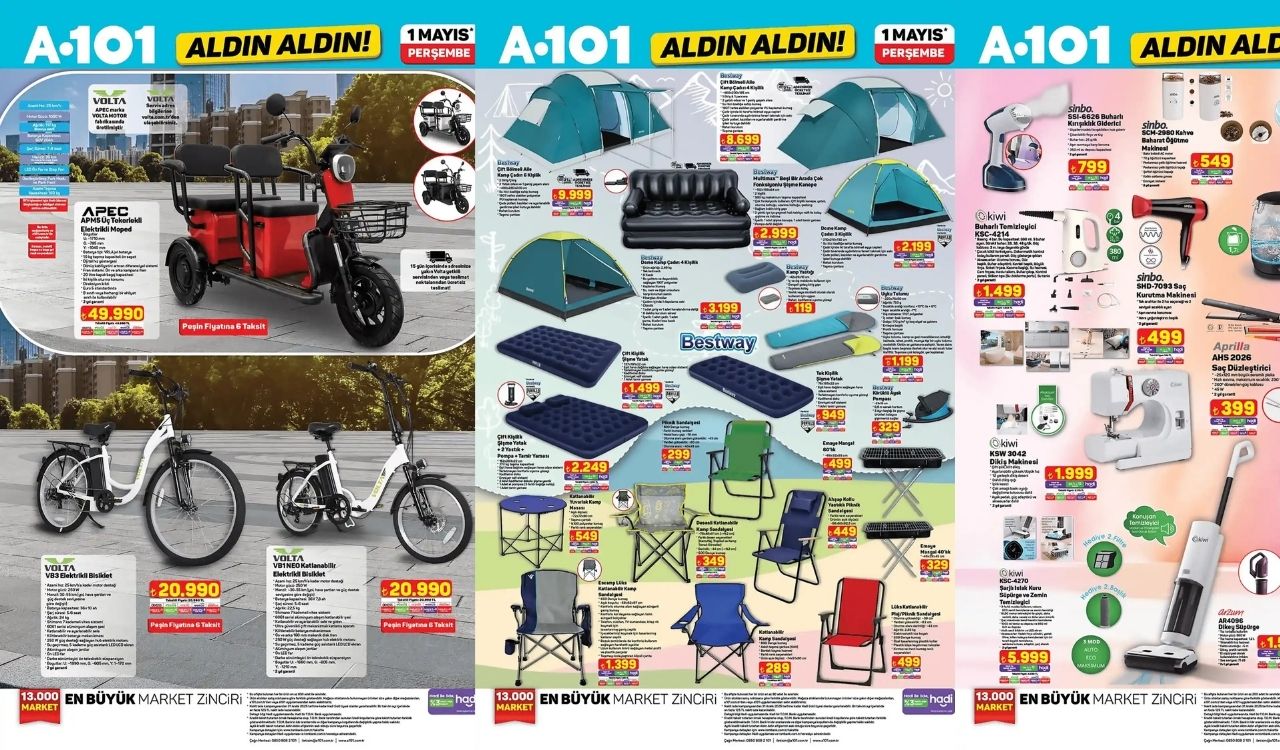 A101'E ÇADIR VE ELEKTRİKLİ BİSİKLET GELİYOR: A101 1 Mayıs indirim kataloğunu duyurdu!
