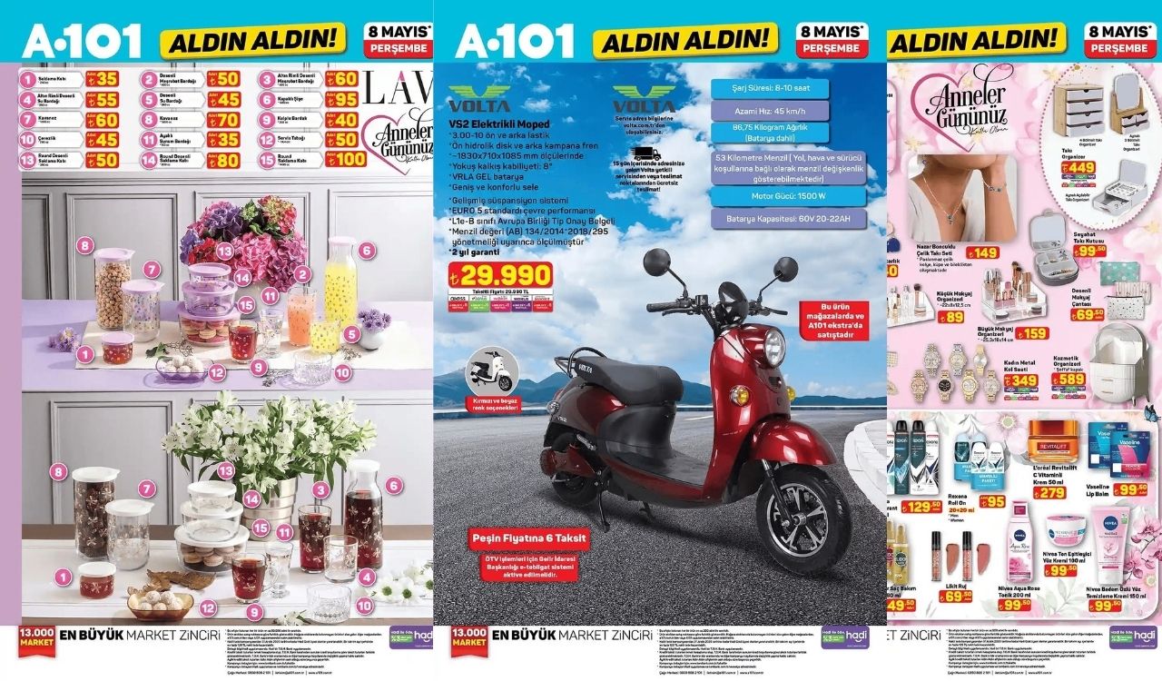 A101'E ELEKTRİKLİ MOPED VE ANNELER GÜNÜ HEDİYESİ GELİYOR: A101 8 Mayıs 2025 indirim kataloğu yayınlandı