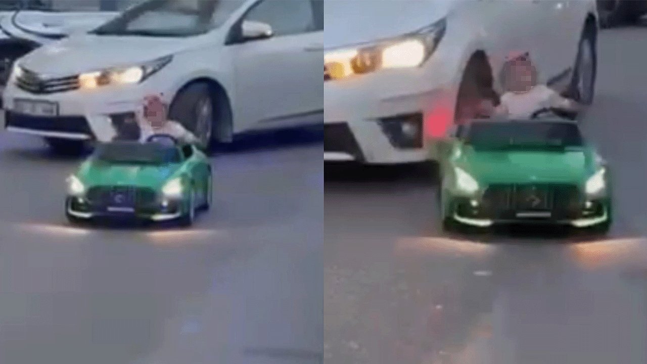 Çocuğun bindiği akülü araca otomobil çarptı! O anlar böyle kaydedildi