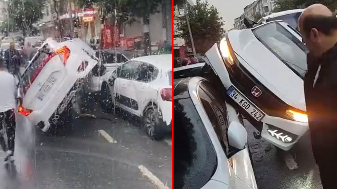 İstanbul'da akılalmaz kaza: Otomobil park halindeki aracın üzerine uçtu