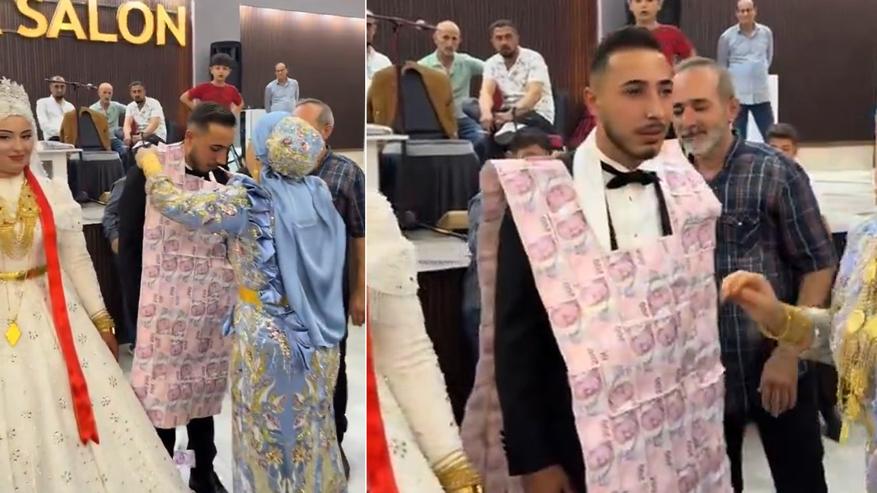 Mardin'deki düğünde damada 'para yeleği' giydirildi