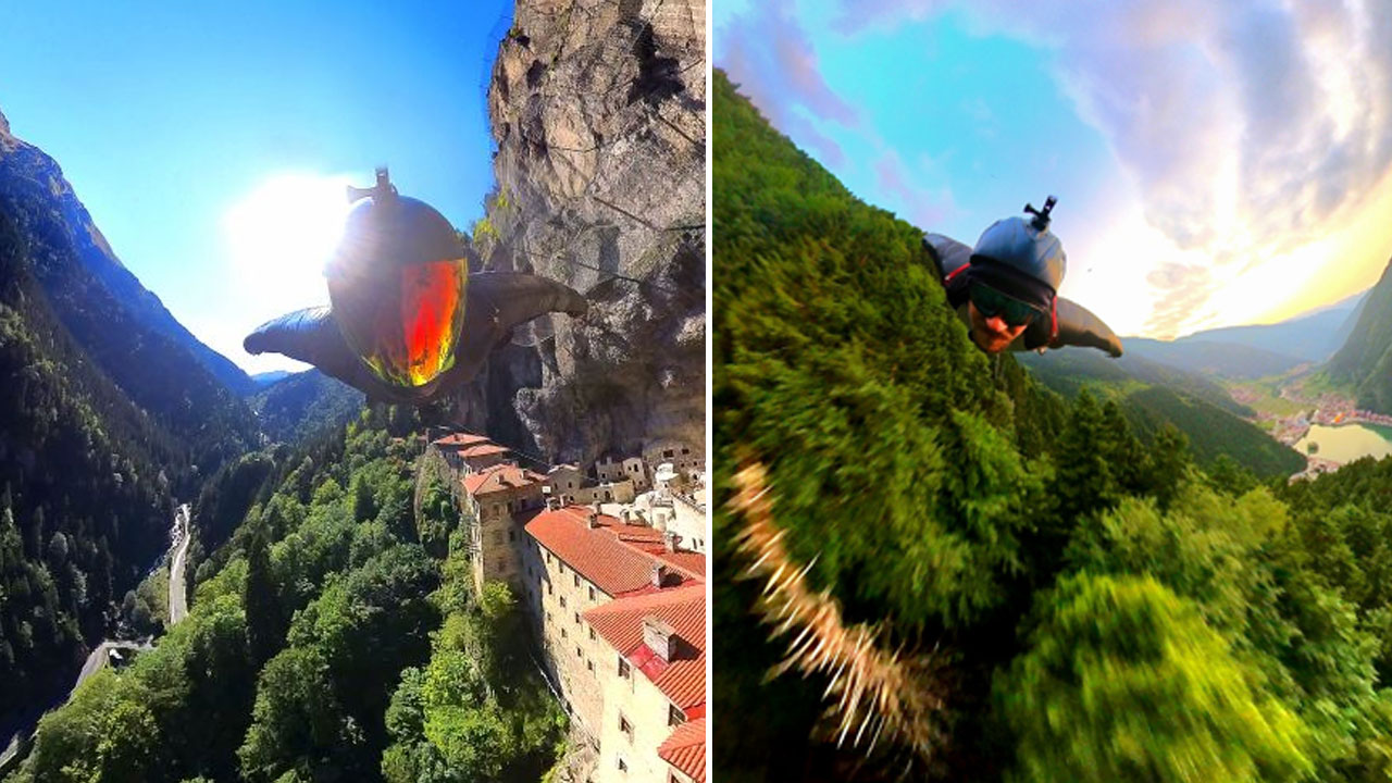 250 kilometre hıza ulaştı: Yarasa adam Sümela Manastırı'ndan uçtu!