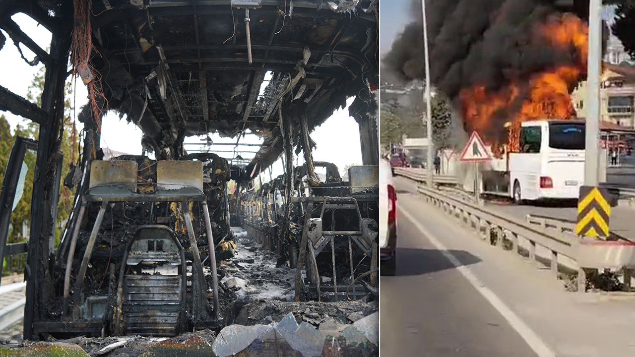 D-100’de korku dolu anlar: Yolcu otobüsü alev alev yandı, geriye demir yığını kaldı