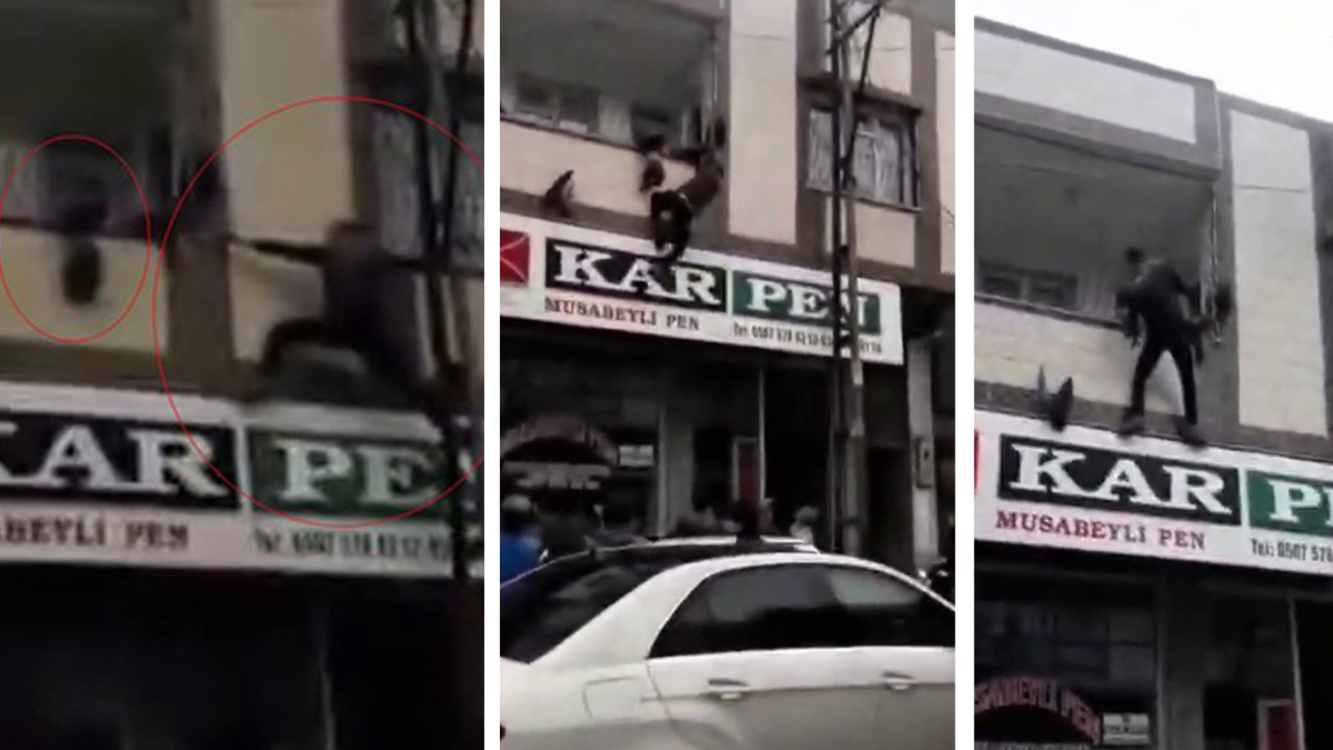 Gaziantep'te yürekleri ağza getiren an: Balkonda asılı kalan çocuğu kurtardı