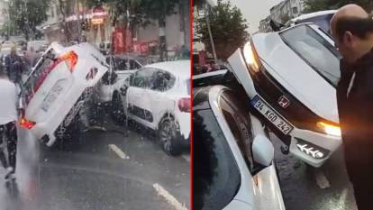 İstanbul'da akılalmaz kaza: Otomobil park halindeki aracın üzerine uçtu