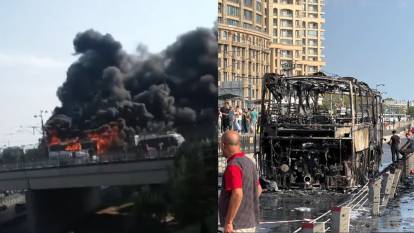 Seyir halindeki otobüs alev topuna döndü: Gökyüzü dumanla kaplandı!